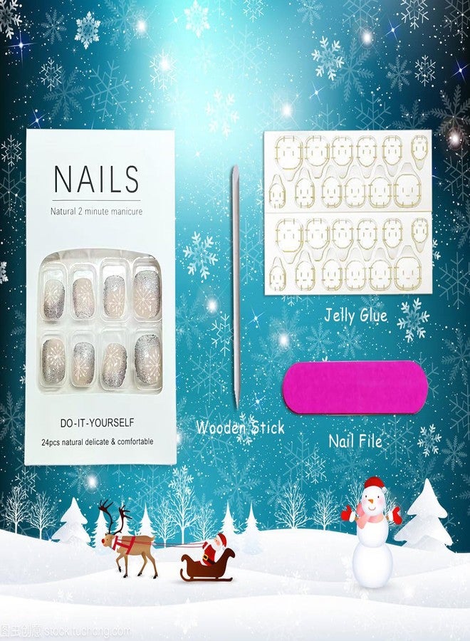 Vopintpy White Snowflake Press on Nails Short Square Christmas Fake Nails with Glitter Design Winter Xmas Acrylic False Nail Glossy Reusable Stick on Nail for Women DIY Manicure Decor - Image 5